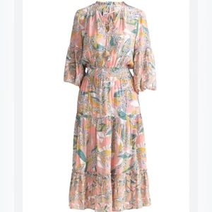 Shoshanna Aria Midi Dress Coral Multi Color Puff Sleeve size 4